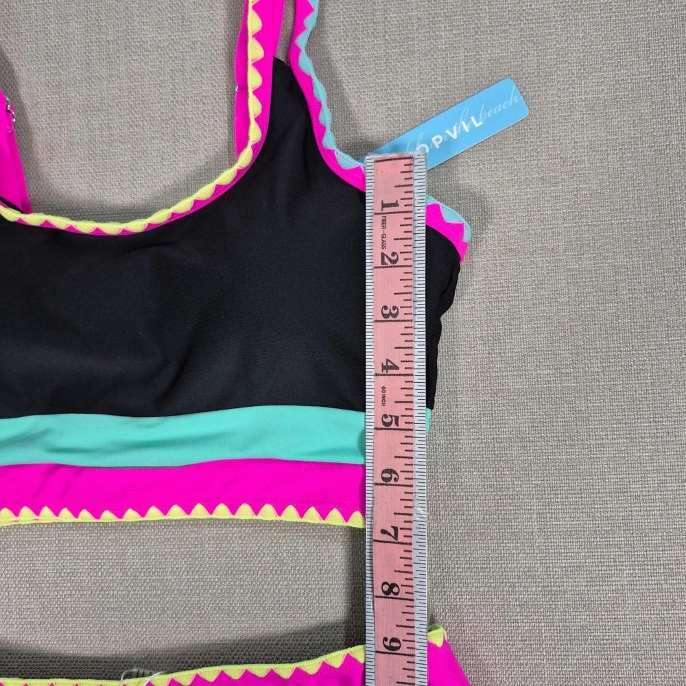 Popvil Womens 3 Piece Bikini Swim Skirt Set Black Pink Colorblock Ric Rac Size S